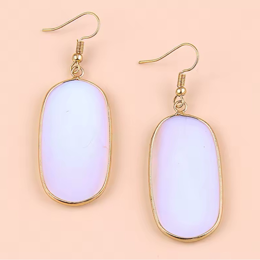 Large Gold Plated White Iridescent Shell Oval Hexagon Dangle Statement Earrings